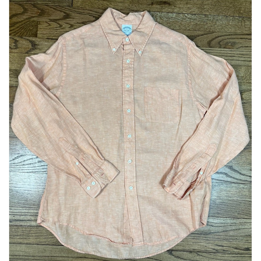 Brooks Brothers Original Polo Shirt Large Orange Linen Long Sleeve Button Down